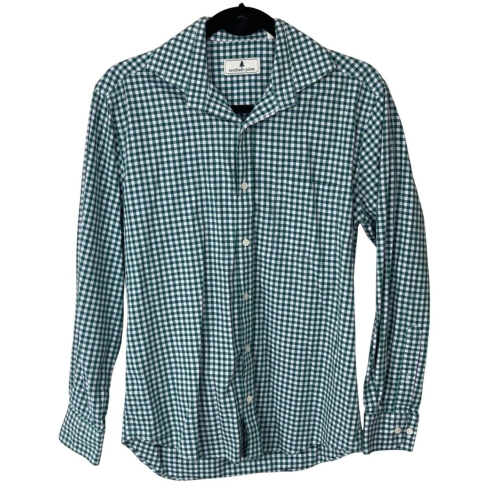 Southern Pines Men's Button Front Shirt Size S Small Blue Green Check Long Sleev